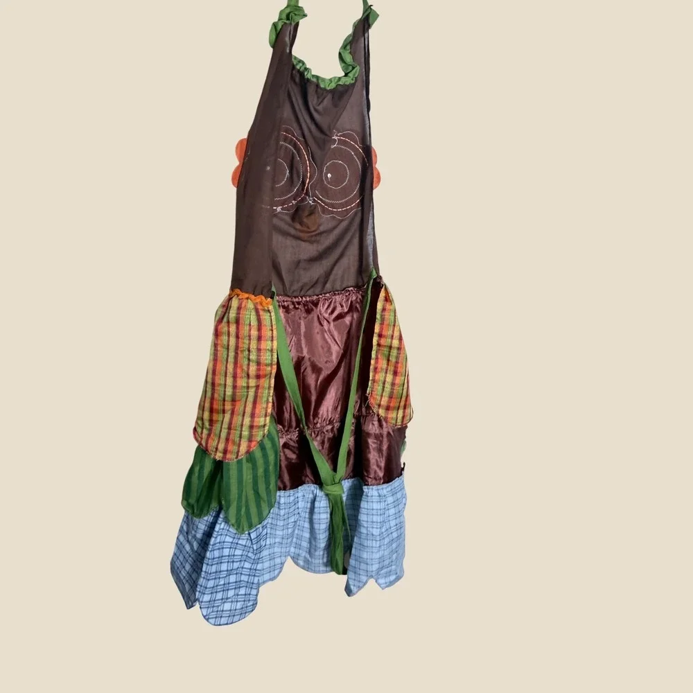 Owl Character Bib Apron Brown‎ Tiered Plaid Striped Ruffle Novelty Cottagecore